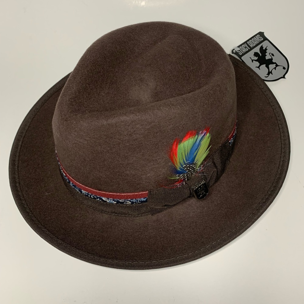 Stacy Adams 100% Wool Brown Fedora Hat w/ Feathers NWT